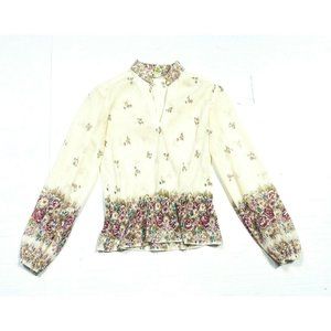 Vintage 1960s 70s Womens Floral Blouse Nancy Greer Ivory Purple Top Long Sleeve